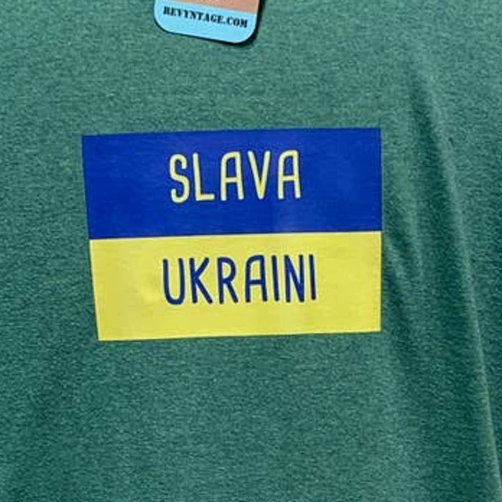 Upcycled Hand Printed Mens Medium Summer Seagull Ukraine Flag Slava Ukraini Tee