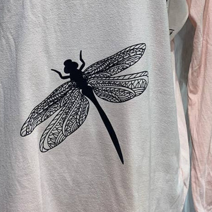 Hand Printed Upcycled Womens Large Dragonfly Long Button Sleeve Cotton Blend Tee