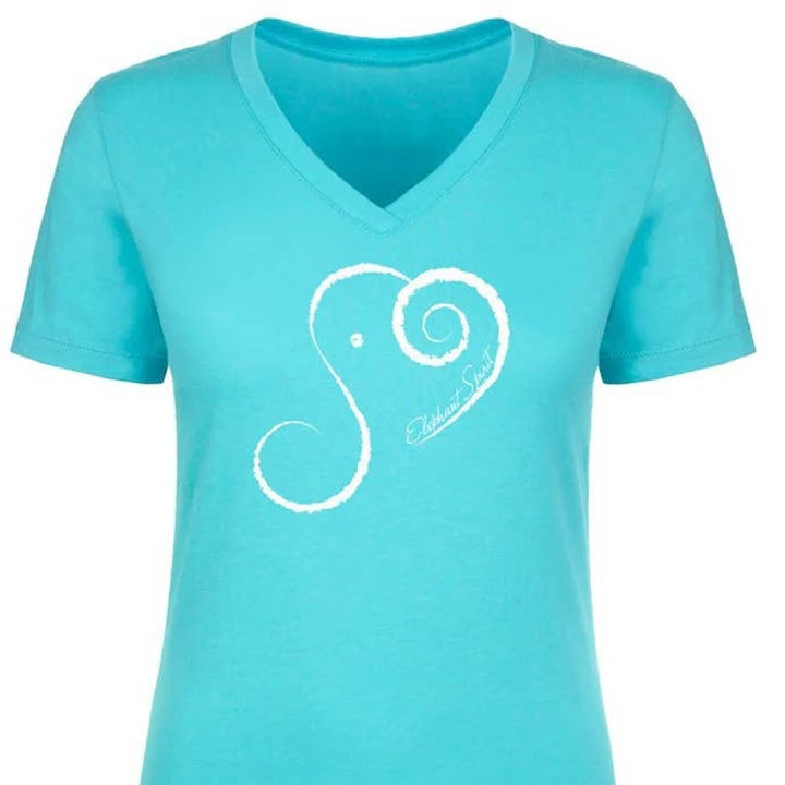 New Hand Printed Blue Elephant Spirit Cotton Blend V-Neck Short Sleeve T-Shirt