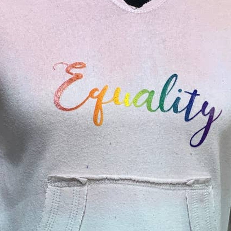 Hand Printed Upcycled Girls XL Equality Rainbow Pride Hi Lo Cotton Blend Hoodie