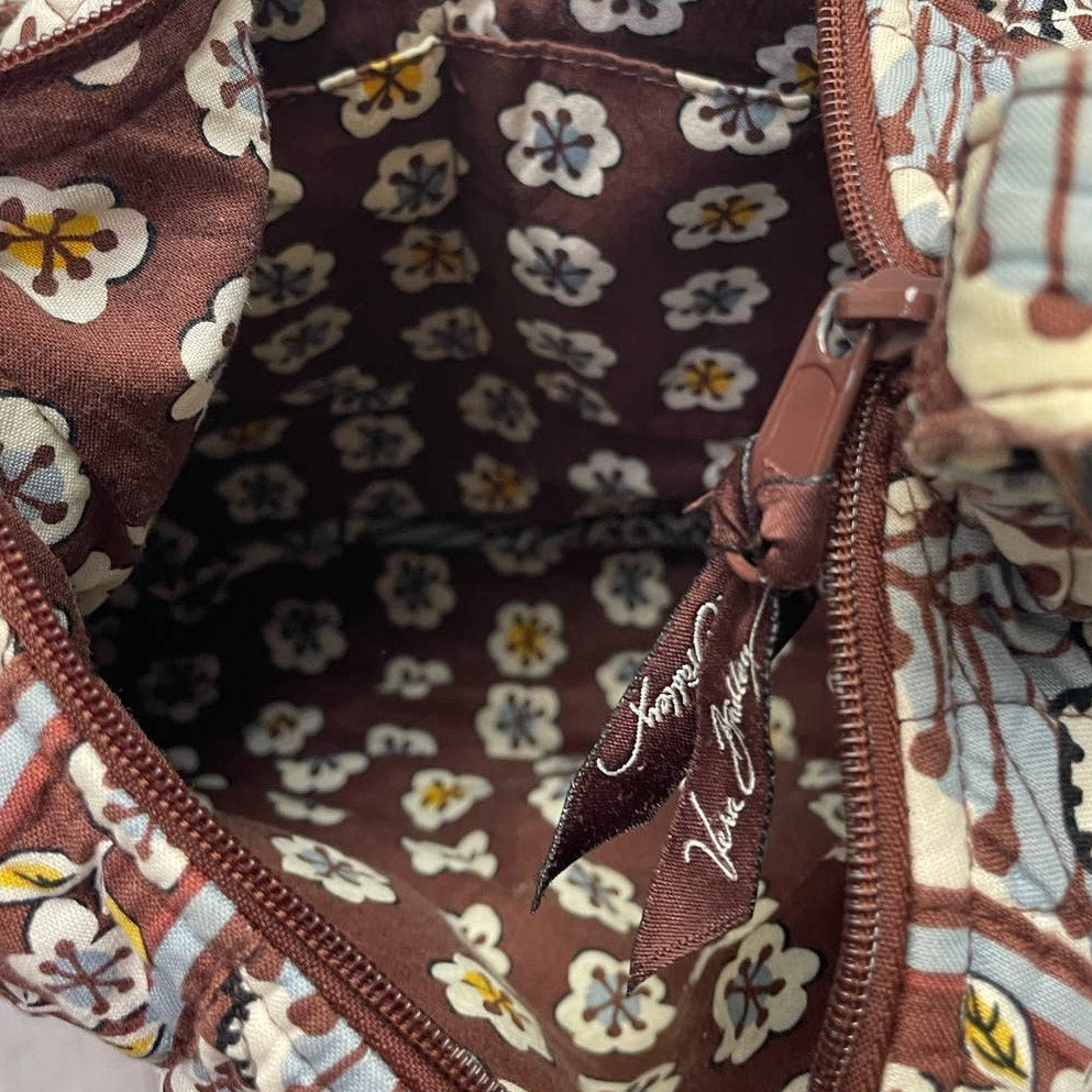 Vera Bradley Brown Blue Floral Quilted Fabric Handbag Purse Inside Pockets