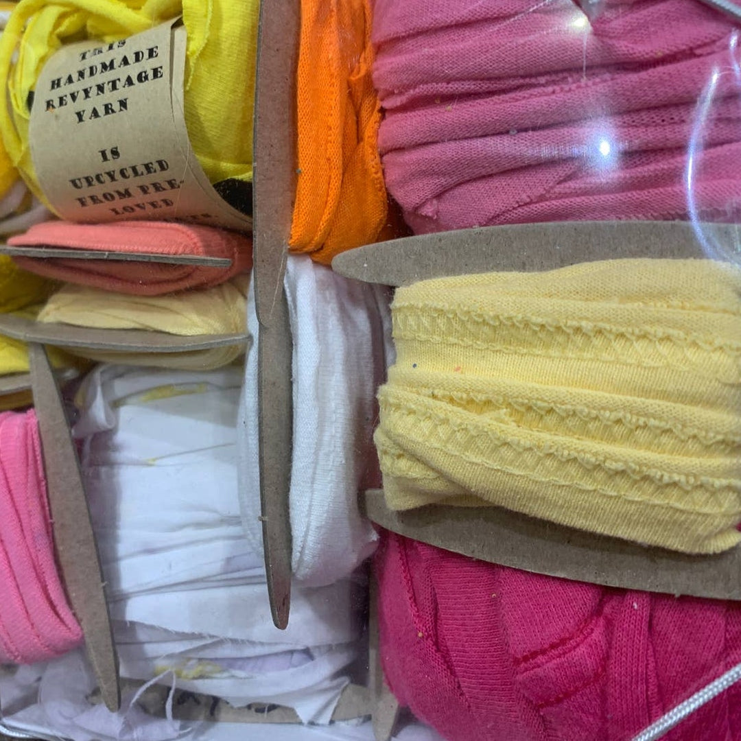 100 yds Handmade Upcycled T-Shirt Fabric Ribbon Yarn Sampler Pack Yellow Pink