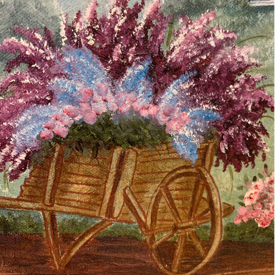 Vintage 1988 Pat Kloeppel Hand Painted Wheelbarrow Flower Canvas Wall Artwork