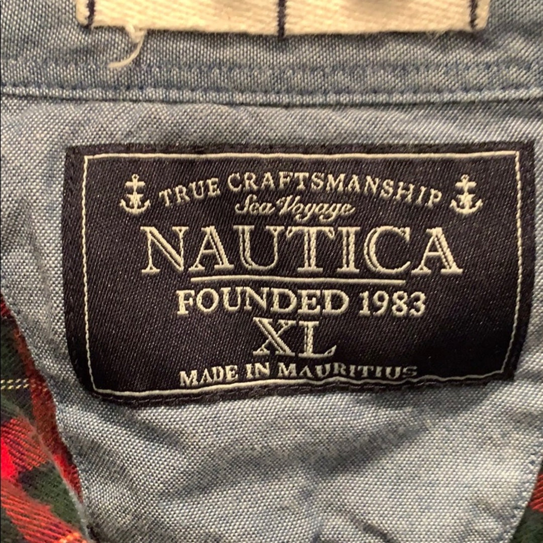Nautica Mens XL Red Green Plaid 100% Cotton Long Sleeve Button Down Casual Shirt