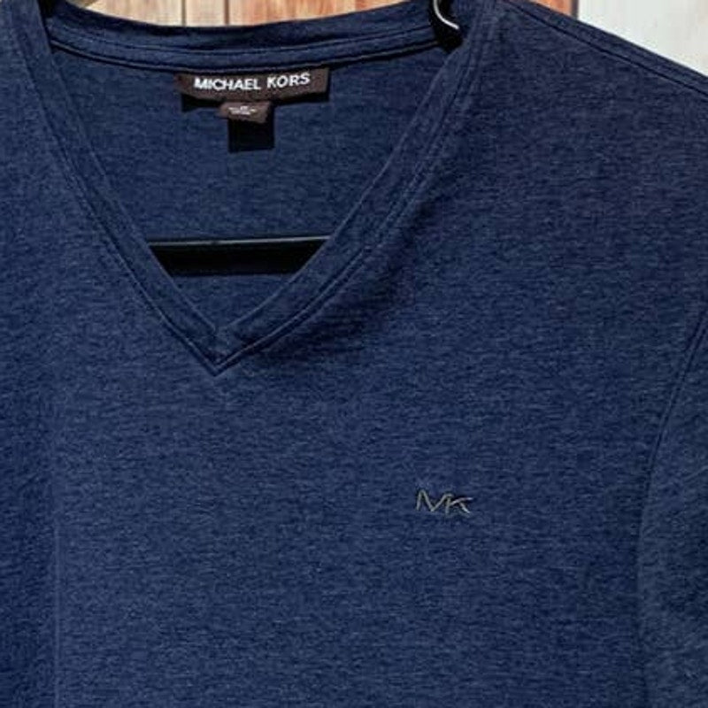 Michael Kors Medium Mens Navy Blue V-Neck Cotton Blend Short Sleeve Tee