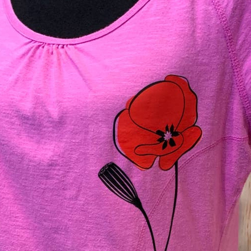 Handmade Upcycled Large Red Poppy Short Sleeve Cotton Blend Activewear Tee