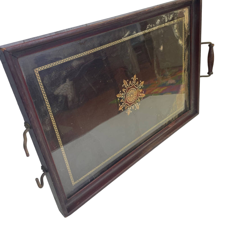 Vintage Glass Top Floral Aged Patina Wooden Tray Velvet Back Missing Handle
