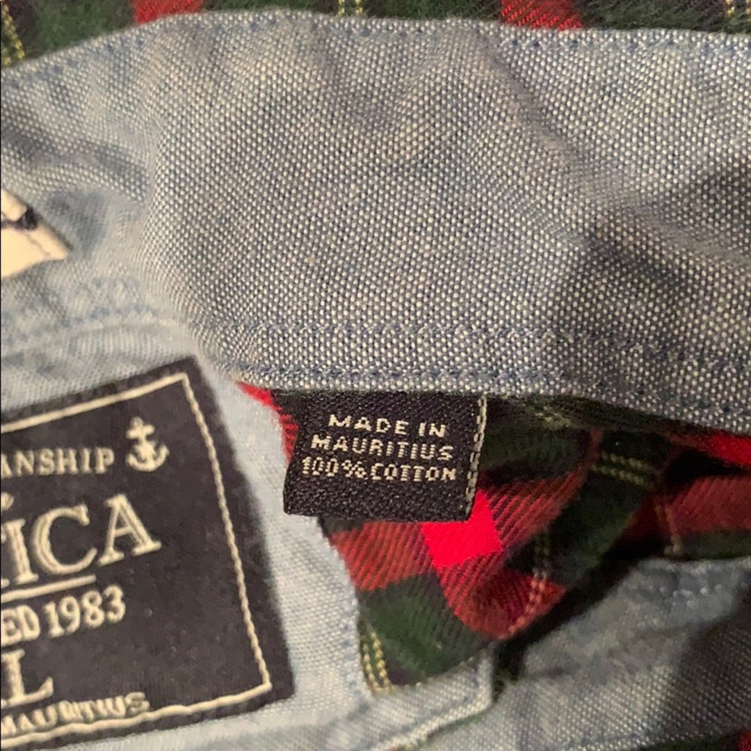 Nautica Mens XL Red Green Plaid 100% Cotton Long Sleeve Button Down Casual Shirt