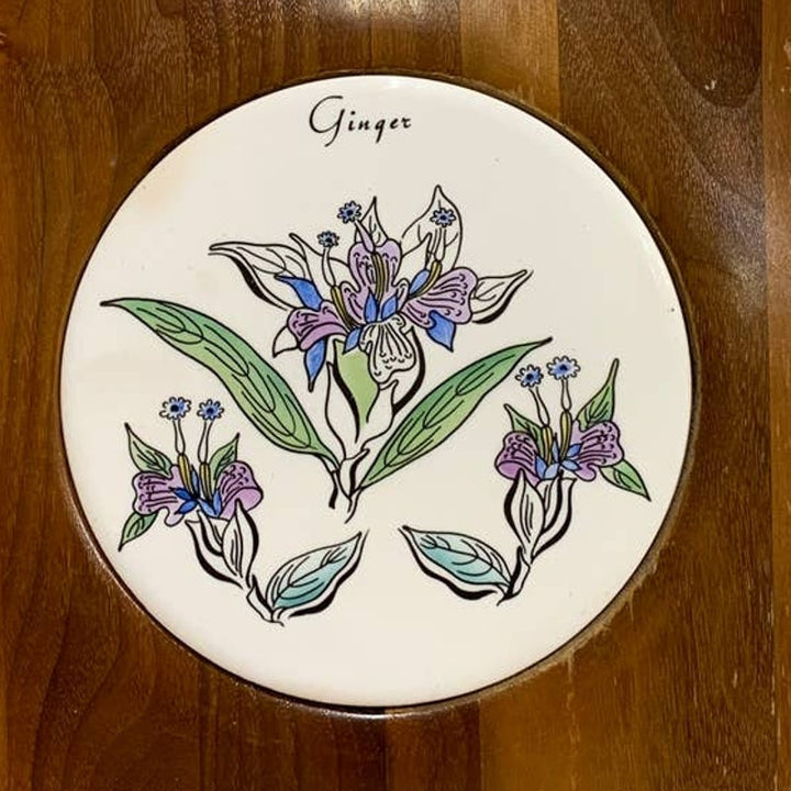 Vintage Vermillion Ginger Flower Ceramic Inset Real Walnut Wood Snack Platter
