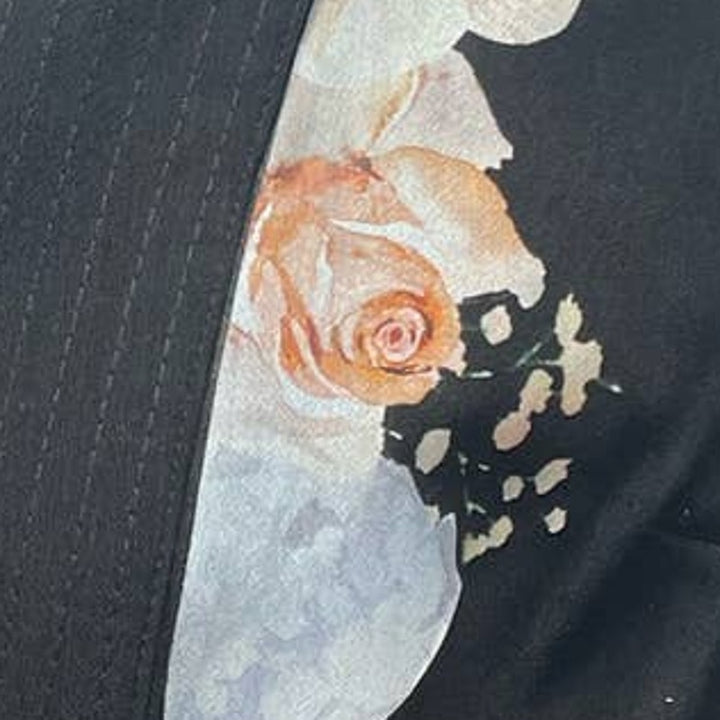 Hand Printed Upcycled Small Rose Flower Long Tabbed Sleeve Hi Low V-Neck Blouse