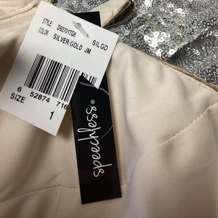 New Speechless Juniors Size 1 Gold Silver Sleeveless Deep V Body Con Midi Dress