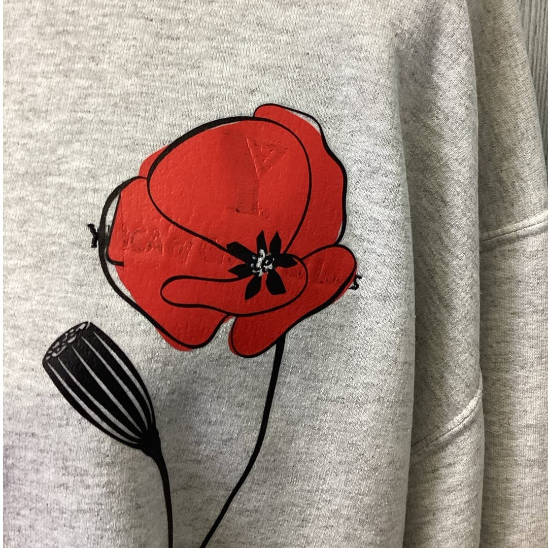 Hand Printed Large Upcycled Red Poppy Flower Long Sleeve Crew Neck Sweatshirt