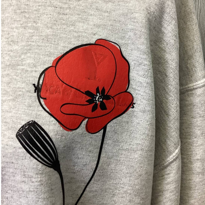 Hand Printed Large Upcycled Red Poppy Flower Long Sleeve Crew Neck Sweatshirt