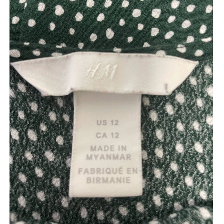 H&amp;M Womens Size 12 100% Viscose Long Sleeve Forest Green Polka Dot Blouse Top