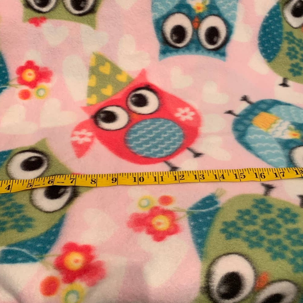 3/4 Yard Colorful Green Blue Pink Owl Party Hat Floral Fleece Fabric Remnant