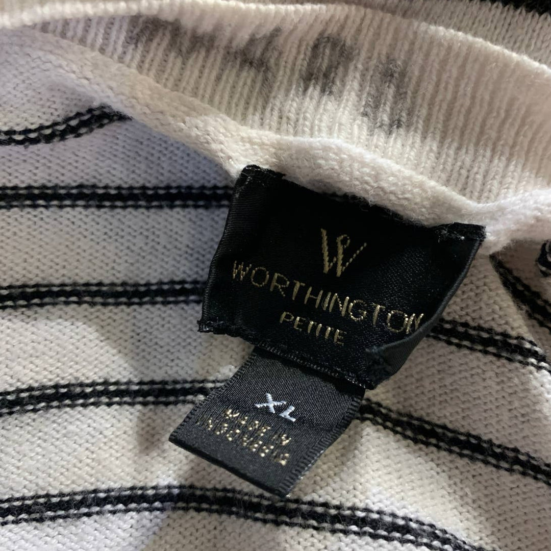 Worthington Petite XL Cotton Blend Black White Stripe Long Sleeve V-Neck Sweater