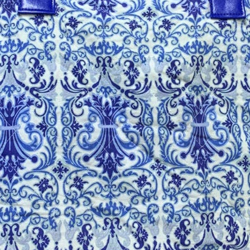 Mediterranean Blue White Floral Fleur de Lis scroll Zippered Tote Purse Handbag
