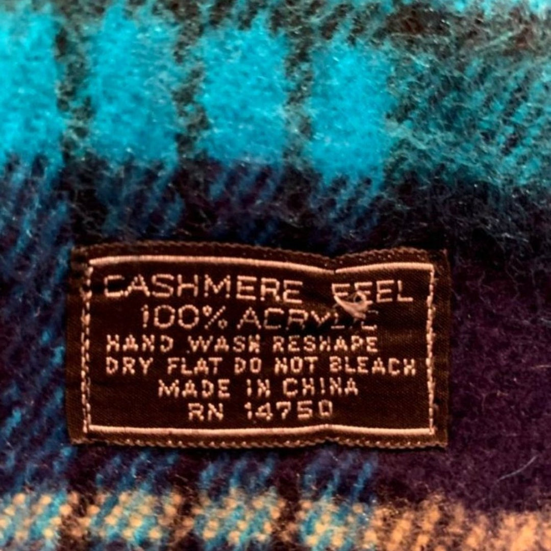Handmade Upcycled Cashmere Feel Acrylic Soft Blue Plaid Warm Poncho Wrap
