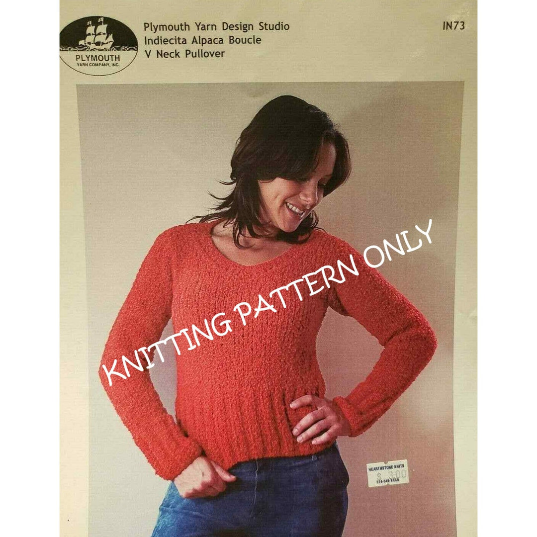 NWT Plymouth Yarn IN73 Indiecita Alpaca Boucle V Neck Pullover Knitting Pattern