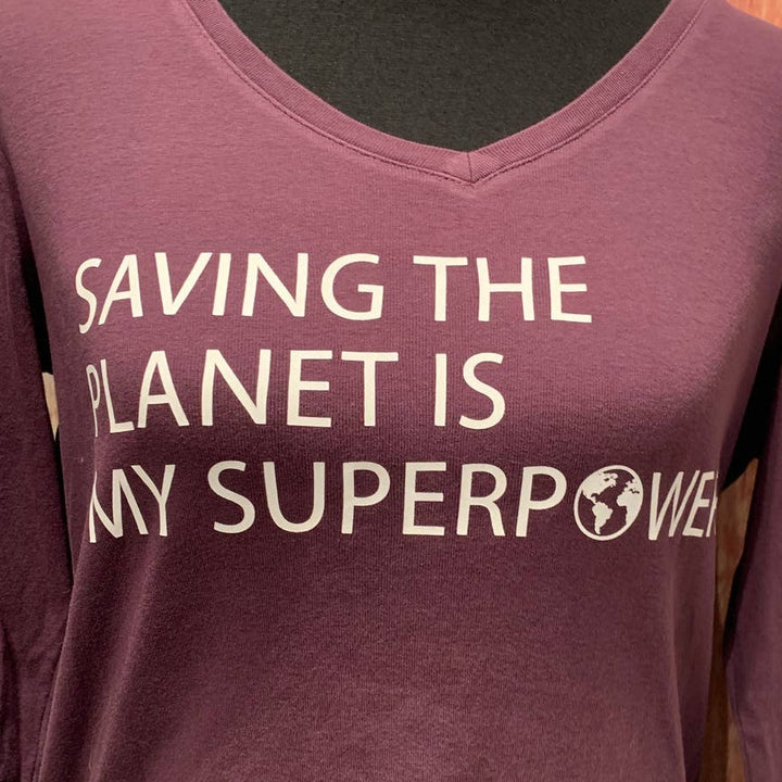 Hand Printed Upcycled Womens Large Saving the Planet Superpower Long Sleeve Tee