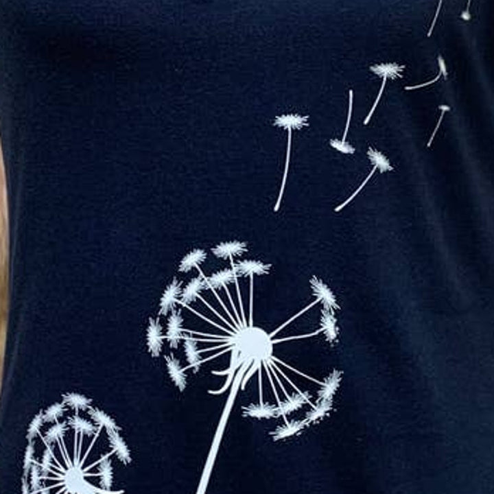 New Hand Printed Large Make A Wish Dandelion Short Sleeve PolyCotton VNeck Tee