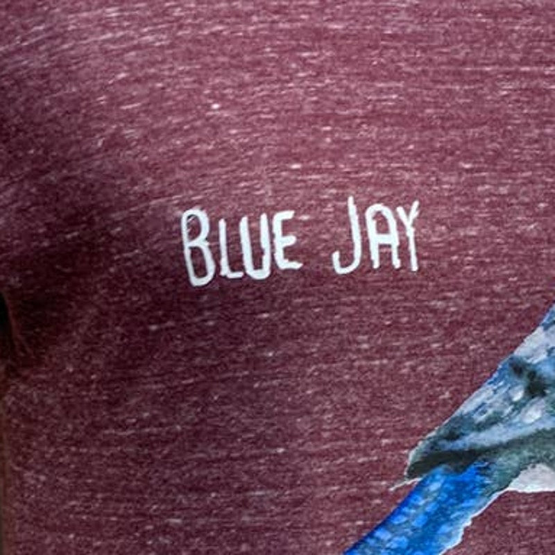 Hand Printed Upcycled Womens Medium Watercolor Blue Jay Bird Crew Neck Tee