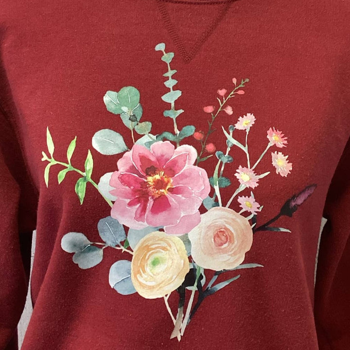 Hand Printed Small Upcycled Watercolor Flower Peony Aster Bouquet Sweatshirt