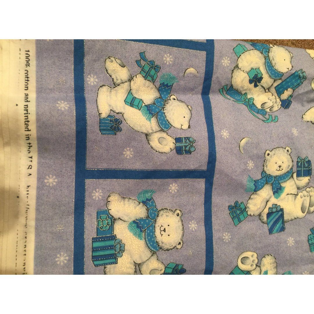 1yd+ 100% cotton Cranston Purple  Blue Winter Polar Bear silver glitter fabric