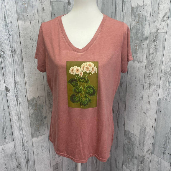 Hand Printed Upcycled Womens XXL Vintage Book Page Flower PolyCotton V-Neck Tee