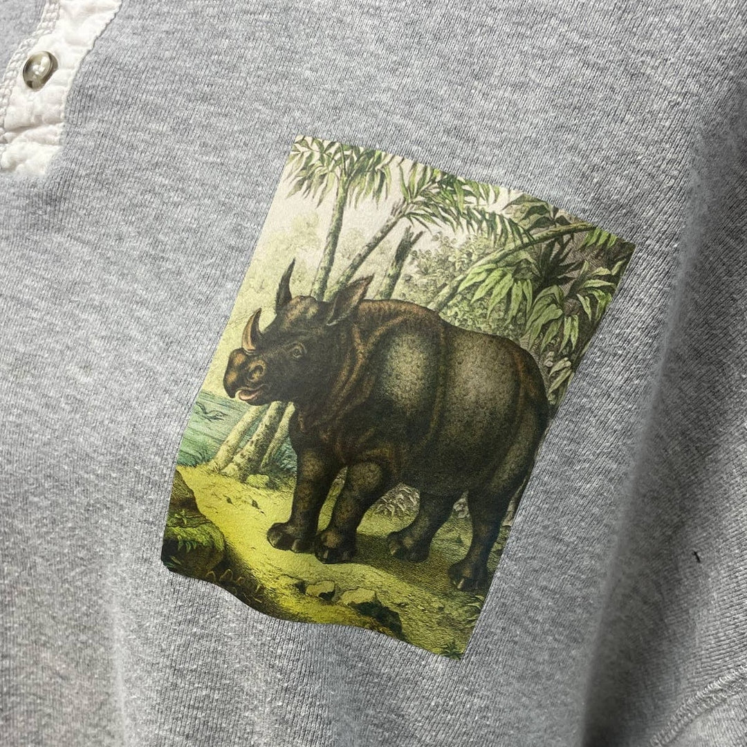 Upcycled Hand Printed Mens XL Rhino Jungle Long Sleeve Buttoned Henley Shirt