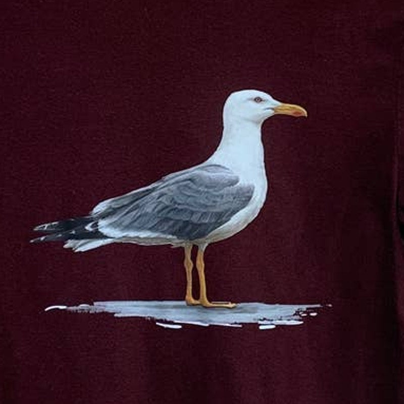 Hand Printed Upcycled Womens Small Watercolor Summer Seagull Bird PolyCotton Tee