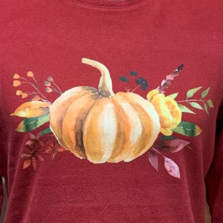 Hand Printed Upcycled Medium Pumpkin Autumn Flower Bouquet Long Sleeve Tee