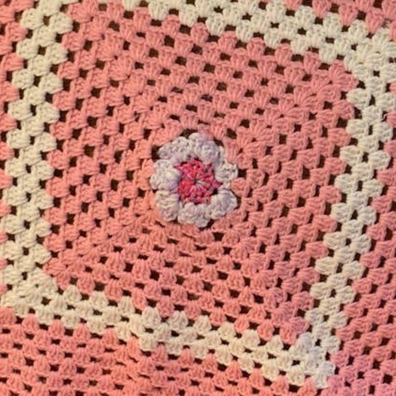 Handmade Pre-Loved Pastel Pink White Crocheted Baby Blanket Afghan Throw