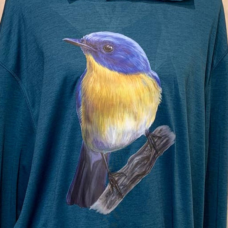 Upcycled Hand Printed Womens 2X Yellow Bluebird Ukraine Fundraiser Bird Tee