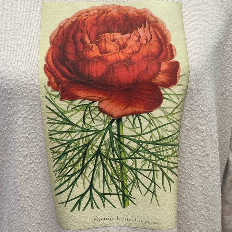 Hand Printed Upcycled Small Red Peony Flower Long Sleeve Crew Neck Sweatshirt