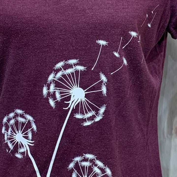 Hand Printed Upcycled Womens Large Dandelion Make a Wish V-Neck Short Sleeve Tee