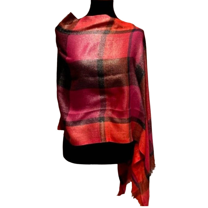 Loft Handmade Upcycled Orange Pink Polyester Shimmery Plaid Long Poncho Wrap