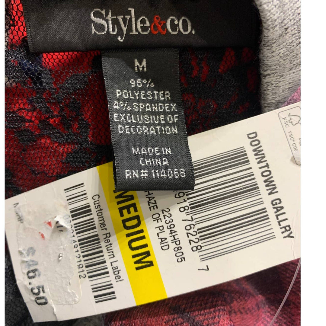 New Style &amp; Co Womens Medium Plaid Floral Black Lace Back Polyblend Blouse Top