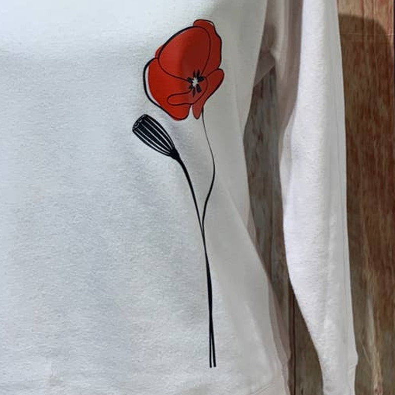 Hand Printed Upcycled Small Red Poppy Flower Cotton Blend Crew Neck Sweatshirt