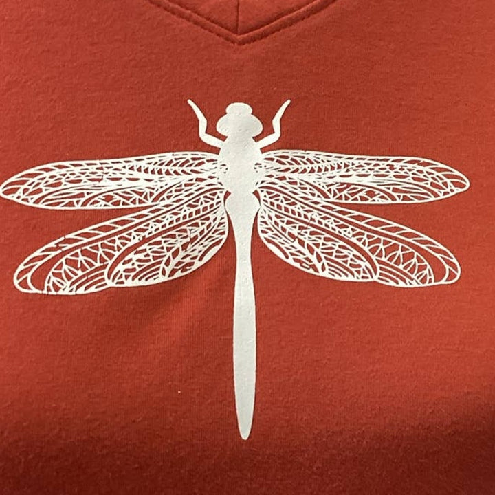 Hand Printed Upcycled Small Dragonfly Cotton Long Sleeve V-Neck Tee Shirt