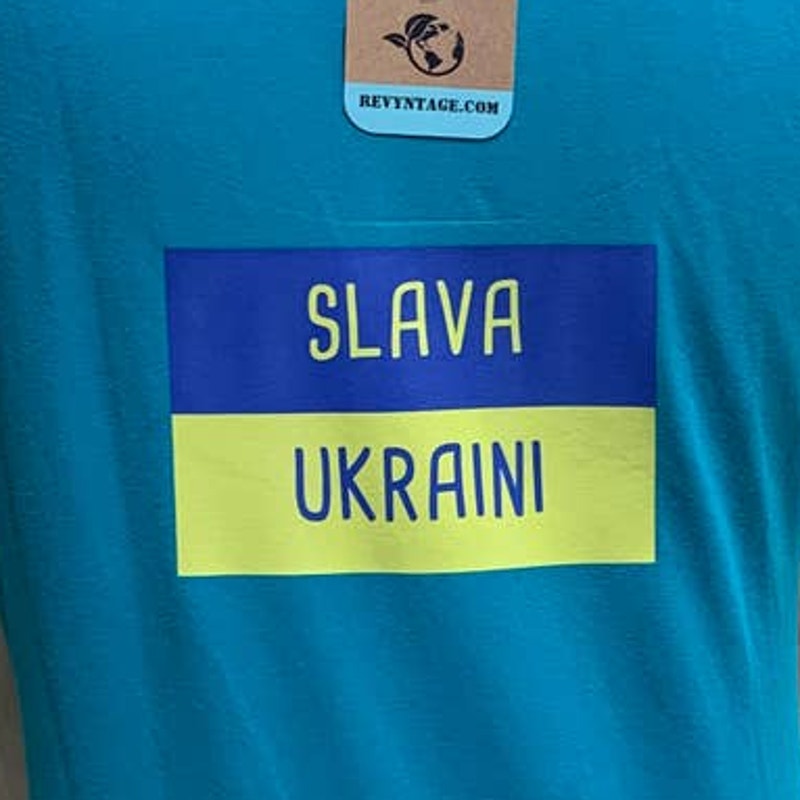 Upcycled Hand Printed Large Ukraine Flag Stork Bird Slava Ukraini Artist Tee