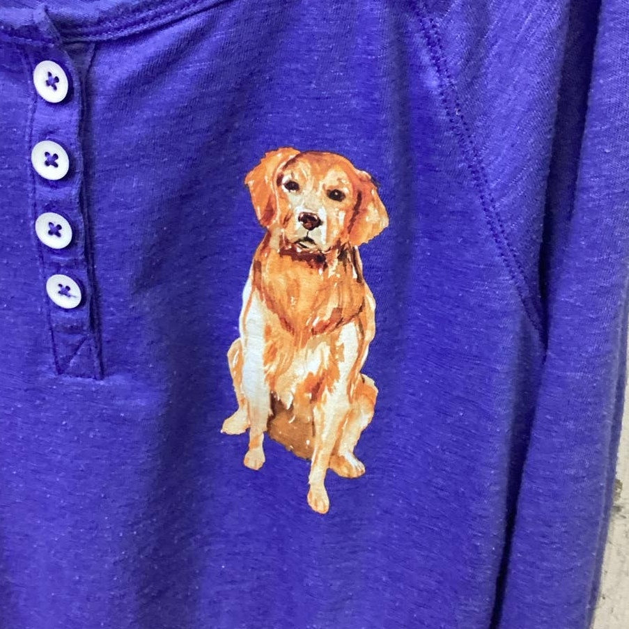 Hand Printed Upcycled Youth Large Golden Retriever Puppy Dog Long Sleeve Shirt