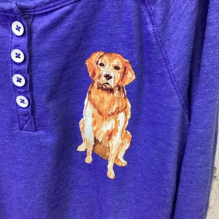 Hand Printed Upcycled Youth Large Golden Retriever Puppy Dog Long Sleeve Shirt