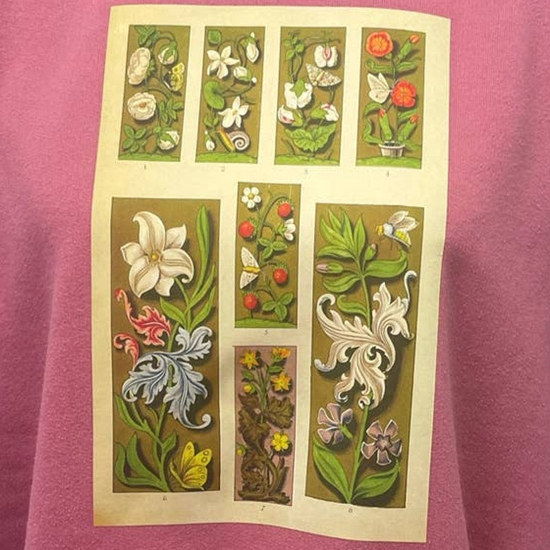 Hand Printed Upcycled Medium Vintage Book Page Flower Butterfly Bee Sweatshirt