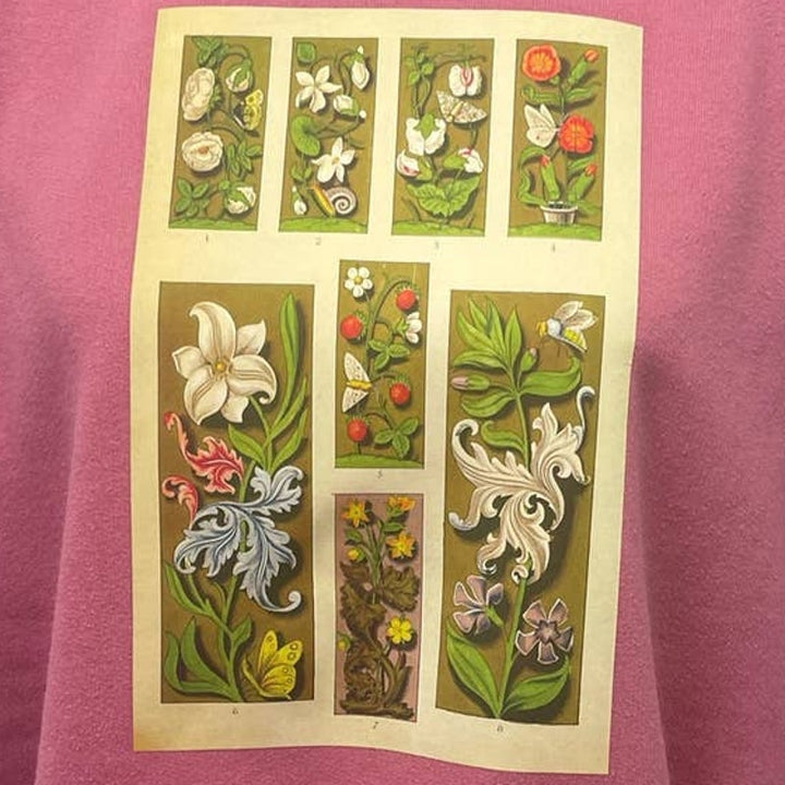 Hand Printed Upcycled Medium Vintage Book Page Flower Butterfly Bee Sweatshirt