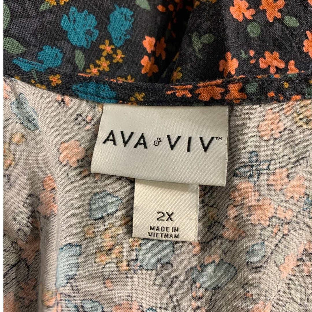 Ava &amp; Viv 2X Floral Long Sleeve Scoop Neck Boho Lightweight Cotton Blend Blouse