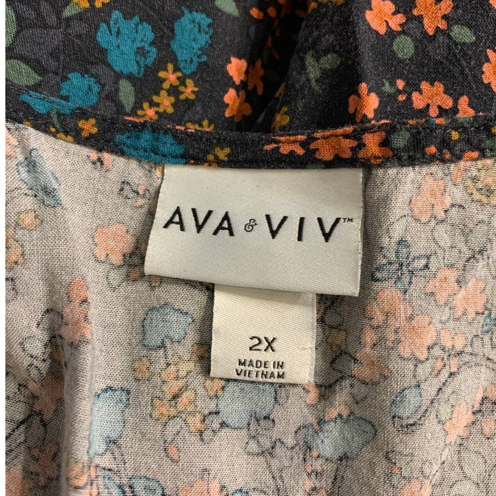 Ava &amp; Viv 2X Floral Long Sleeve Scoop Neck Boho Lightweight Cotton Blend Blouse