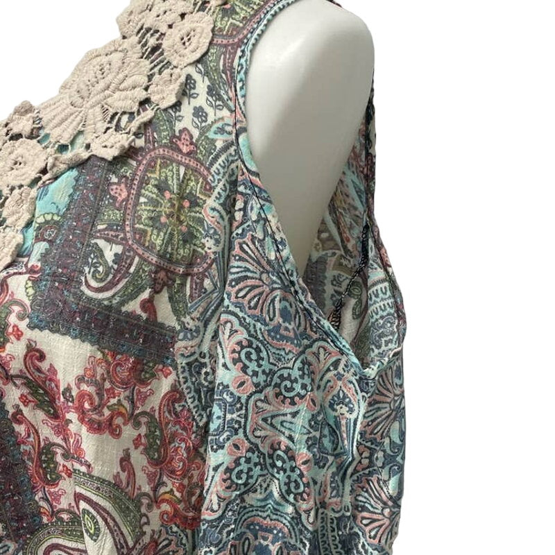 Spense Womens Medium Boho Patchwork Lace Cold Shoulder Bell Sleeve Paisley Top