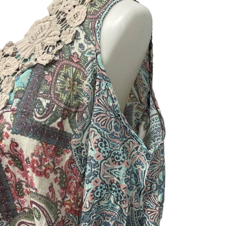 Spense Womens Medium Boho Patchwork Lace Cold Shoulder Bell Sleeve Paisley Top