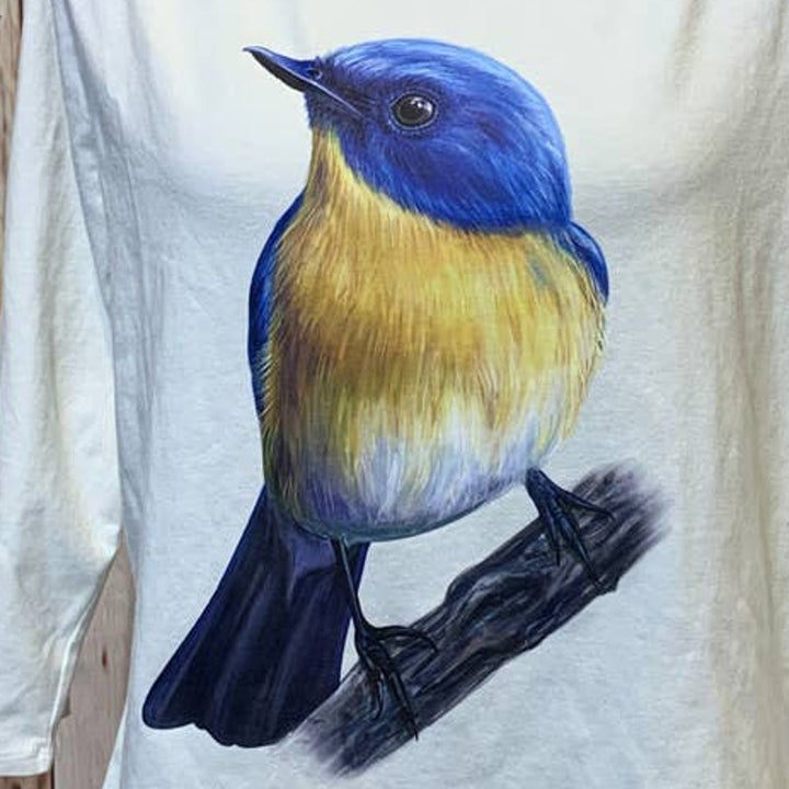 Upcycled Hand Printed XL Yellow Bluebird Ukraine Artist Fundraiser Bird Tee